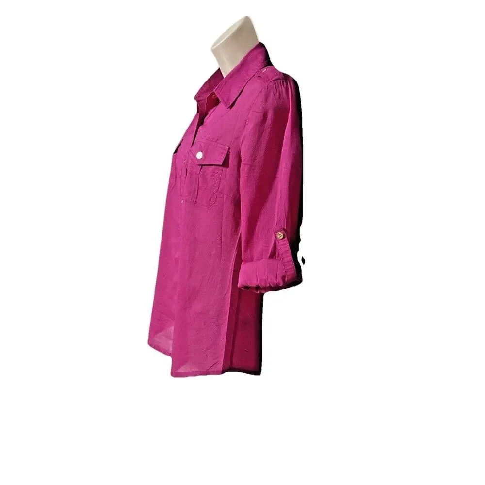 Tory Burch Pink Button Up Shirt Size 6 Semi Sheer Cotton Gold Buttons